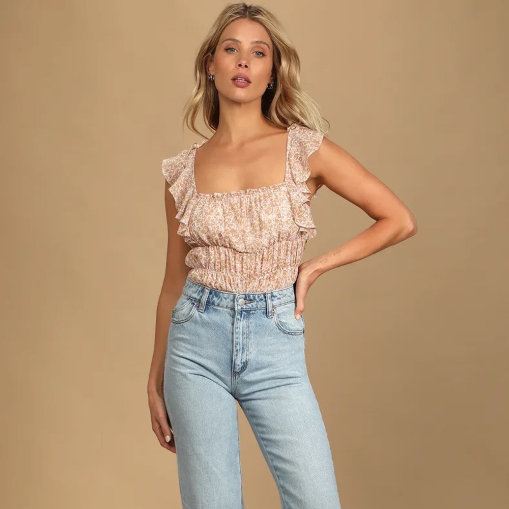 Sweetest Frills Beige Multi Print Tie-Strap Smocked Bodysuit